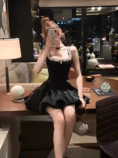 Elegant Strapless Black Satin Beaded A Line Short Homecoming Dress 19th Birthday Outfits SP123