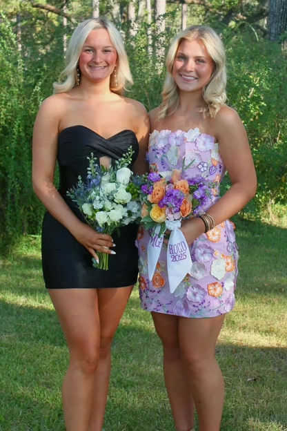 Charming Purple Fitted Strapless Floral Applique Mini Homecoming Dress Short Prom Dresses SP3607