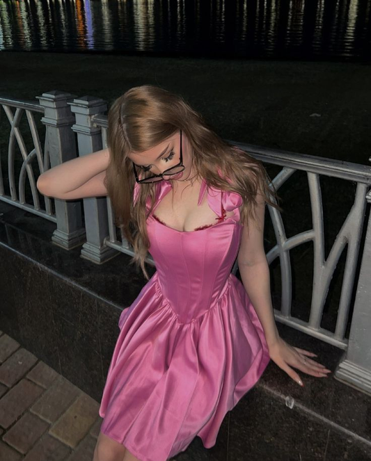 Cute Pink Satin A Line Short Prom Dress,Formal Graduation Homecoming Dress SP2815