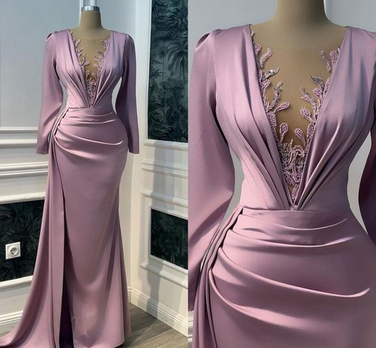 Vintage Prom Dress Long Sleeve Illusion V-neck Mermaid Evening Dress Floor Length Y6647
