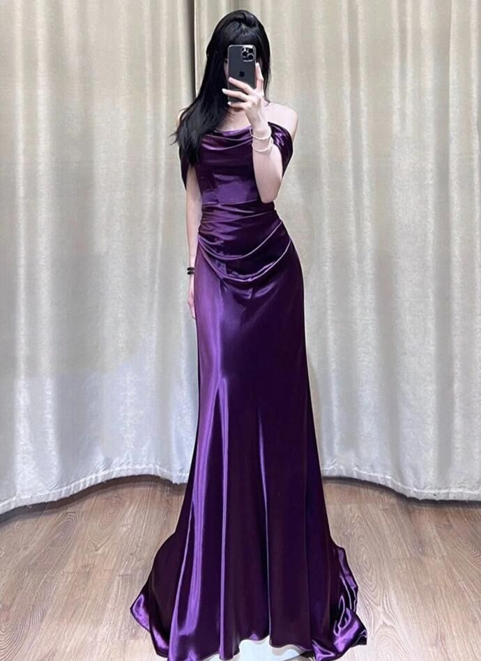 Off Shoulder Purple Satin Long Evening Dress Y7372