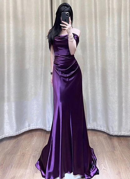 Off Shoulder Purple Satin Long Evening Dress Y7372