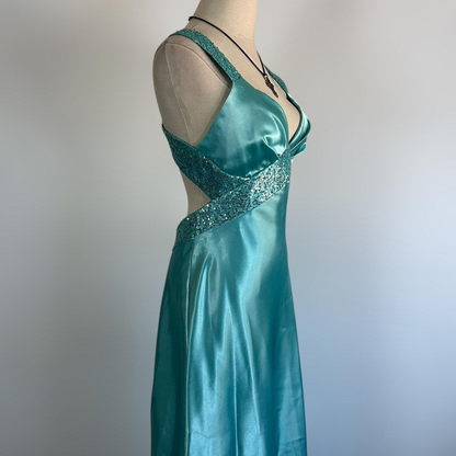 Blue V Neck Satin Sequin Formal Prom Dress Backless Evening Dress Y8548