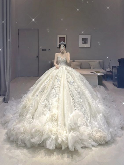 Luxurious White Puffy Wedding Dress With Trail,Stunning White Bridal D Simplepromdress Luxurious White Puffy Wedding Dress With Trail,Stunning White Bridal D Simplepromdress