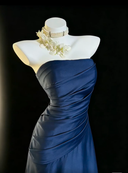 Fashion Strapless Satin Pleated Long Party Dress,Navy Blue A Line Long Prom Gown SP2762