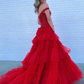 Pink Tulle Lace Off-the-Shoulder Ruffles Tiered Long Prom Dress Y2313