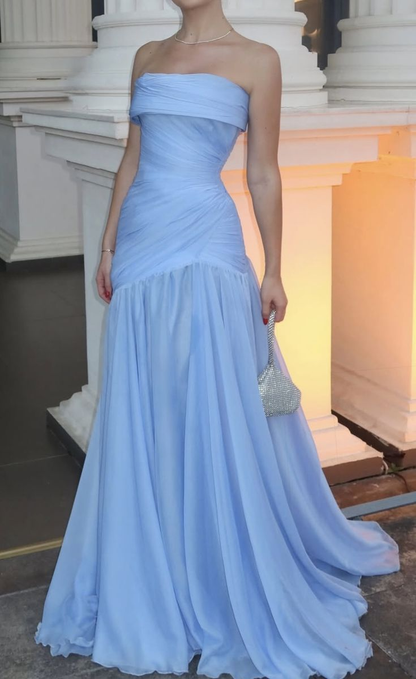 Classy Strapless Chiffon Pleated Mermaid Formal Guest Dress Light Blue Long Party Dress SP450