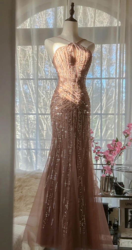 Glitter Blush Pink Spaghetti Straps Mermaid Tulle Sequin Prom Dress Party Dress Y8770