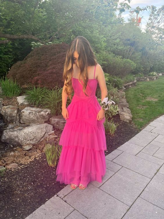 Spaghetti Straps Hot Pink Senior Tulle Prom Dress Y6985