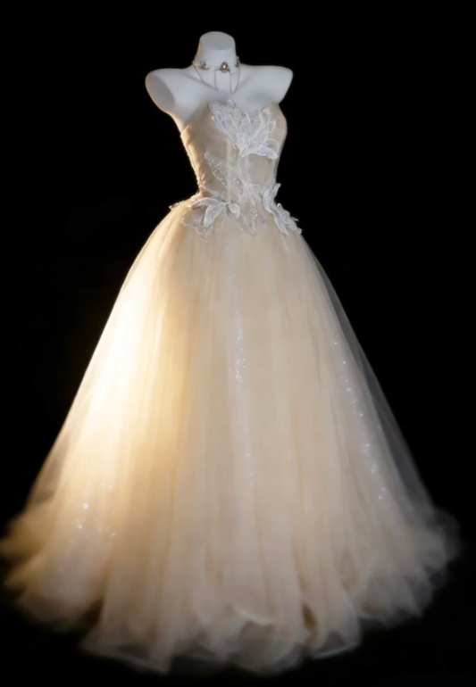 Classy Light Champagne Tulle Sequin Appliques Long Birthday Prom Dress Evening Gown SP1842