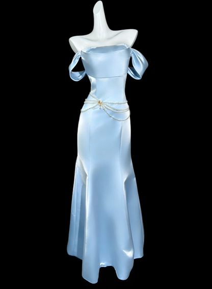 Elegant Blue Off The Shoulder Satin Mermaid Long Party Dress Prom Dress SP3509