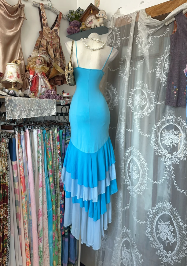 Classy Spaghetti Straps V Neck Blue Satin Chiffon Mermaid Long Prom Dress Party Gown SP1870