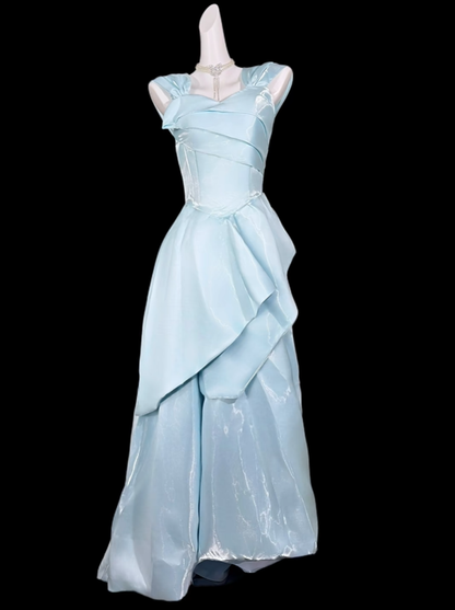 Pretty Light Blue Satin Tulle Long Party Dress Prom Dresses SP3528