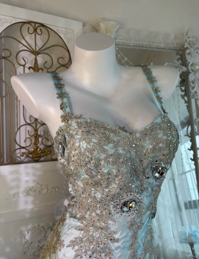 Charming Spaghetti Straps Tulle Rose Floral Mermaid Prom Dress, Blue Appliques Beaded Long Birthday Party Dress SP1464