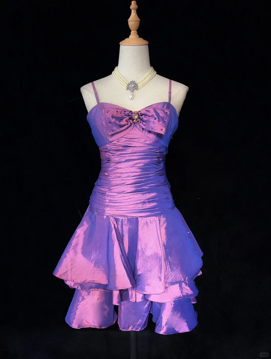 Vintage Spaghetti Straps Satin Pleated A Line Mini Cocktail Dress,Purple Short 6th Grade Homecoming Dress SP2892