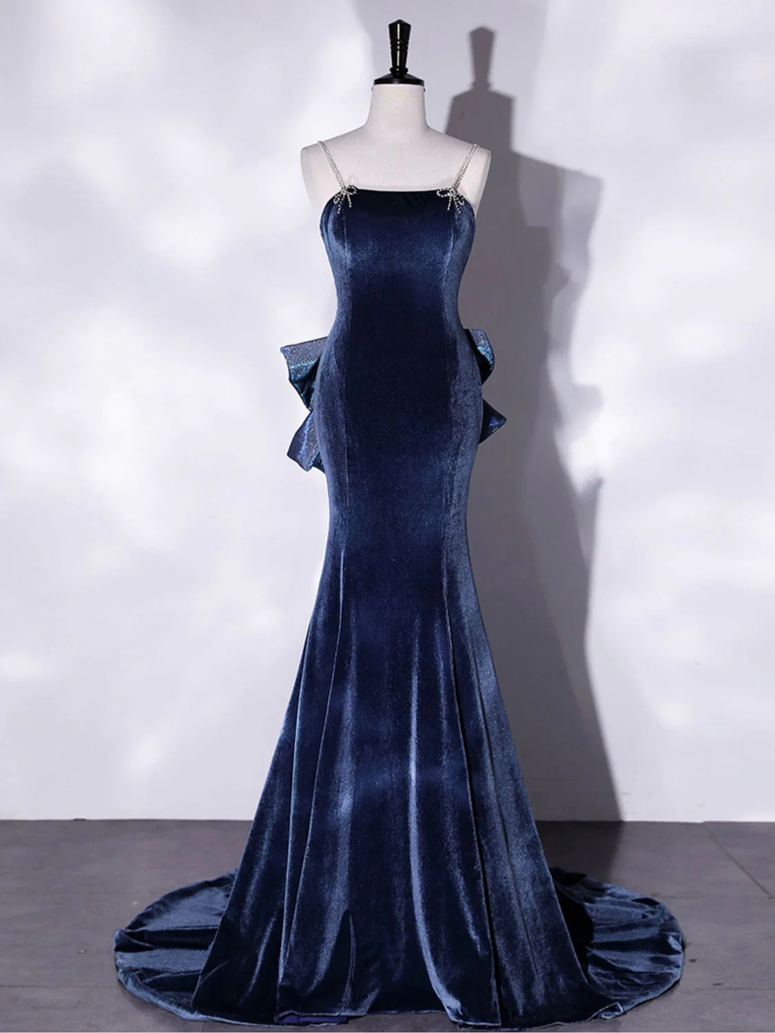 Mermaid Velvet Blue Long Prom Dresses, Blue Velvet Long Evening Dress Y4387