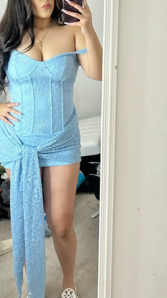 Elegant Blue Lace Sheath Short 8th Grade Homecoming Dress,Off The Shoulder Short Birthday Dress SP2993