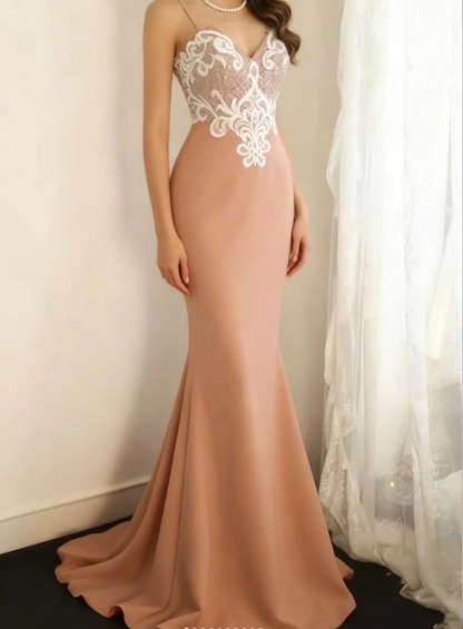 Elegant Spaghetti Straps Satin Lace Appliques Mermaid Wedding Guest Dress Long Evening Dress SP849