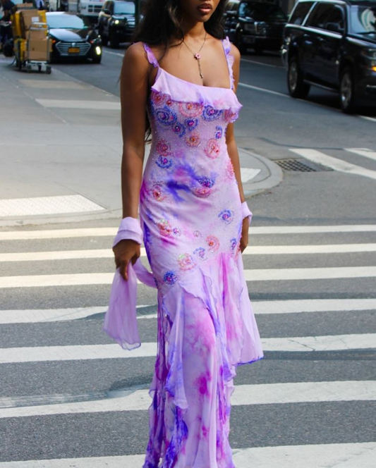 Glamorous Ombre Purple Chiffon Ruffle Beaded Mermaid Party Gown Formal Birthday Outfits With Ribbon SP809