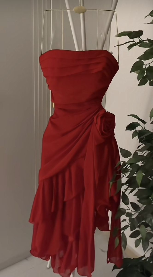 Red Strapless Chiffon Pleated Ruffles Short Party Dress Formal Birthday Outfits Homecoming Dress Y9458