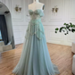 Sage Green A-Line Off The Shoulder Tulle Beaded Evening Dress,Formal Prom Dress Y8157