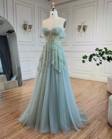 Sage Green A-Line Off The Shoulder Tulle Beaded Evening Dress,Formal Prom Dress Y8157