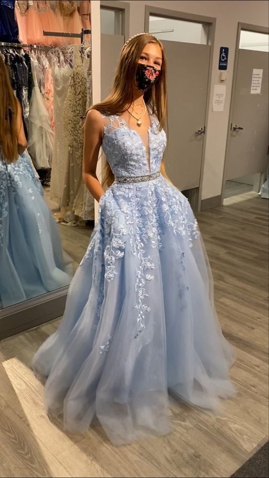 Light blue v-neck long A-line prom dress new arrive evening dress Y6464