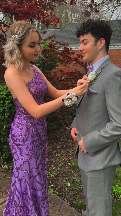 Purple One Shoulder Sequins Evening Dress,Glam Dress Y5366