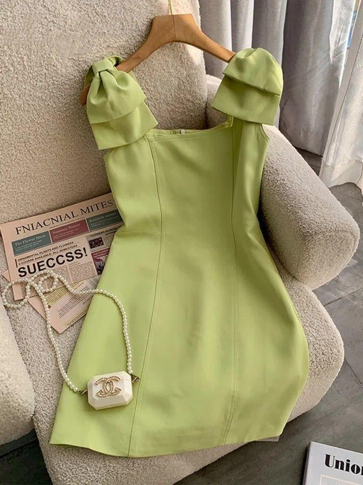 Cute Green Satin A Line Mini Homecoming Dress Bow Strapless Short Cocktail Dress SP2340