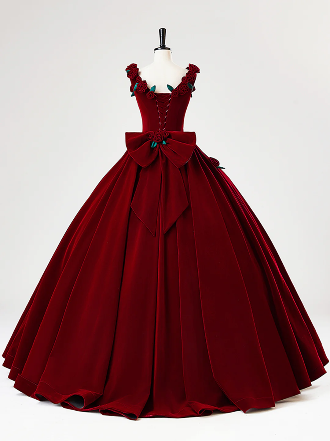Beautiful Burgundy Velvet Quinceanera Dress Birthday Ball Gown With Rose Flowers Y7750