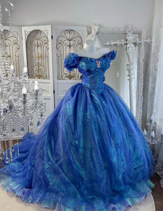 Cute V Neck Blue Tulle Beaded Ball Gown Off The Shoulder Princess Quinceanera Dress SP1445