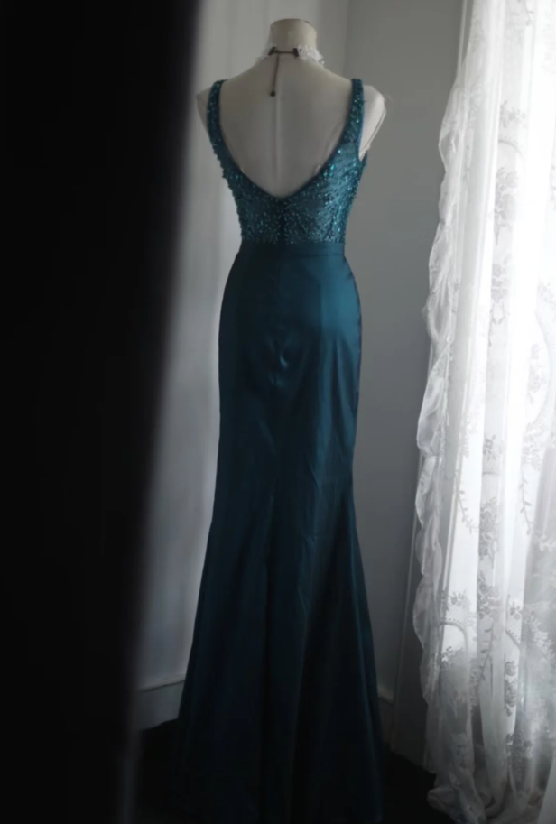 Glamorous Blue V Neck Satin Beaded Mermaid Party Dress Slit Long Wedding Guest Dress Prom Gown SP1264