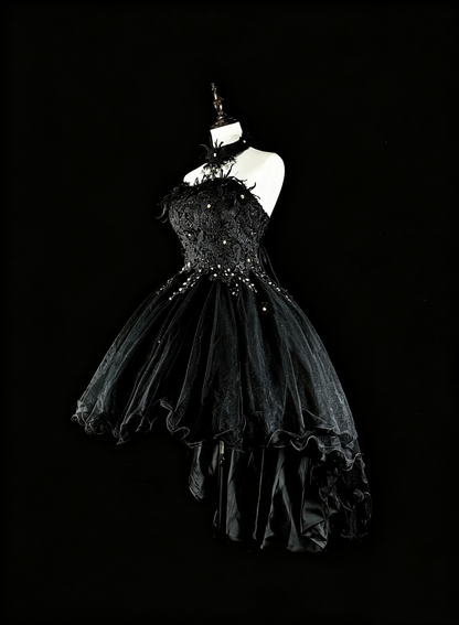 Pretty Black Strapless Tulle Appliques Beaded Short 15th Birthday Outfit,Formal Graduation Homecoming Dress SP3390