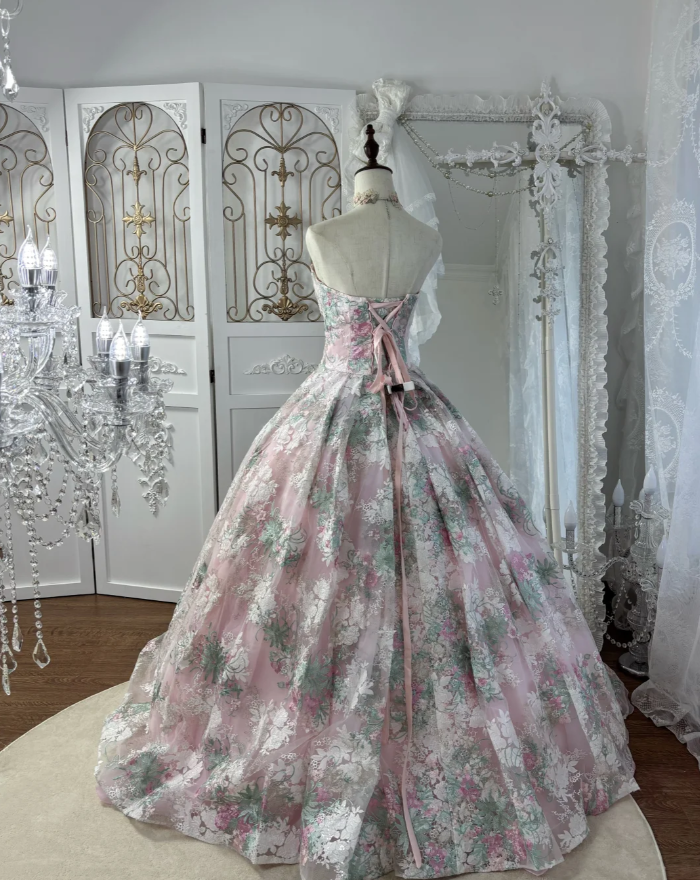 Pretty Strapless Pink Lace Floral Sequin Quinceanera Dress Sweet 16 Dress SP1778