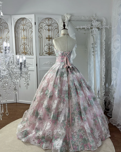 Pretty Strapless Pink Lace Floral Sequin Quinceanera Dress Sweet 16 Dress SP1778