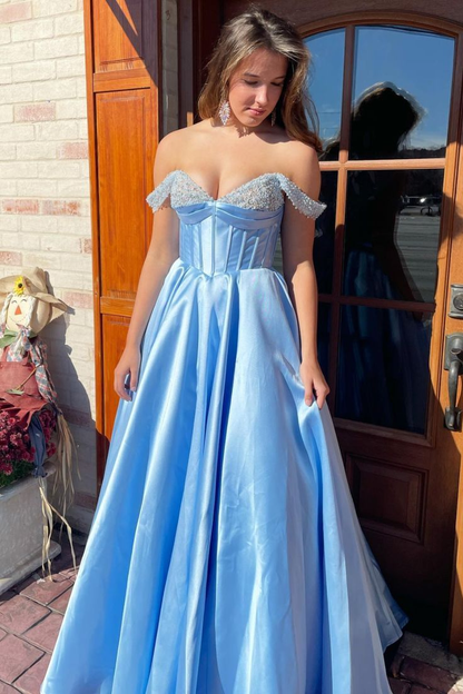 Blue Beaded Off-the-Shoulder Empire Waist A-Line Prom Dress Y6273 Simplepromdress Blue Beaded Off-the-Shoulder Empire Waist A-Line Prom Dress Y6273 Simplepromdress