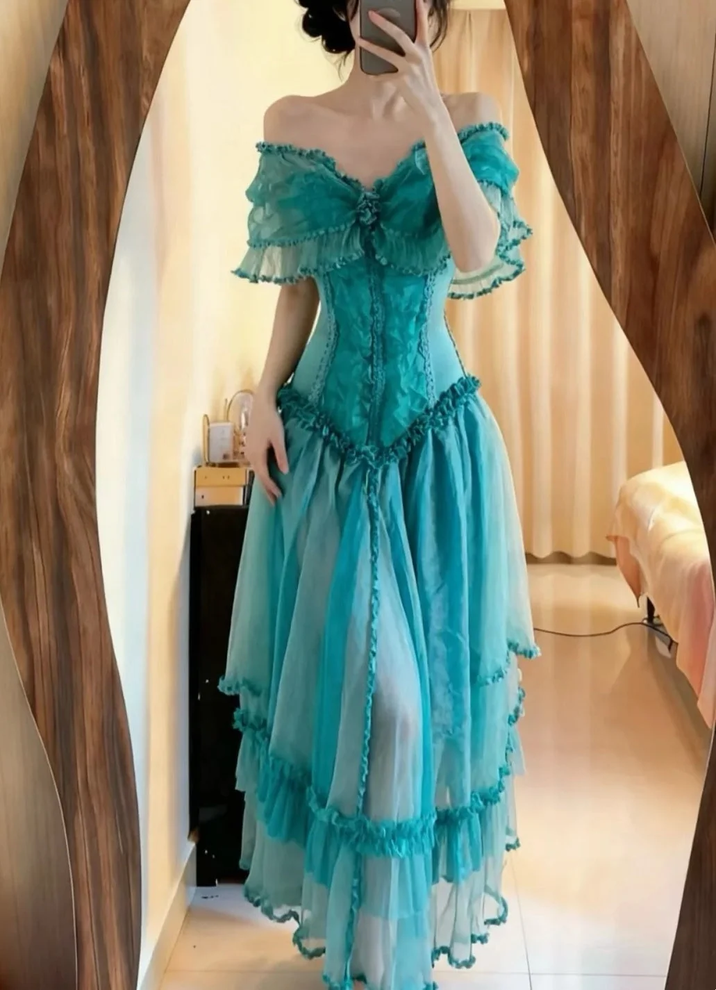 Charming Blue Tulle Pleated Long Party Dress Off Shoulder Long Wedding Guest Dress SP3865
