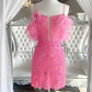 Charming Sheath Spaghetti Straps Pink Short Beaded Feather Homecoming Dresses Y2866