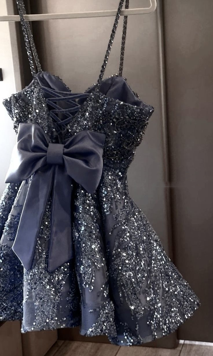 Sparkly Spaghetti Straps Tulle Sequin A Line Short 8th Grade Homecoming Dress,Blue Short Birthday Dress SP3080