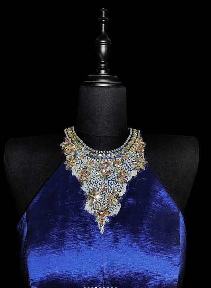 Gorgeous Navy Blue Satin Beaded Mermaid Prom Dress Backless Long Evening Dress SP436