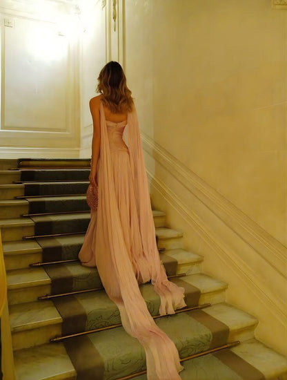 Classy Pink Strapless Tulle Pleated Mermaid Evening Dress Long Wedding Guest Dress SP1145