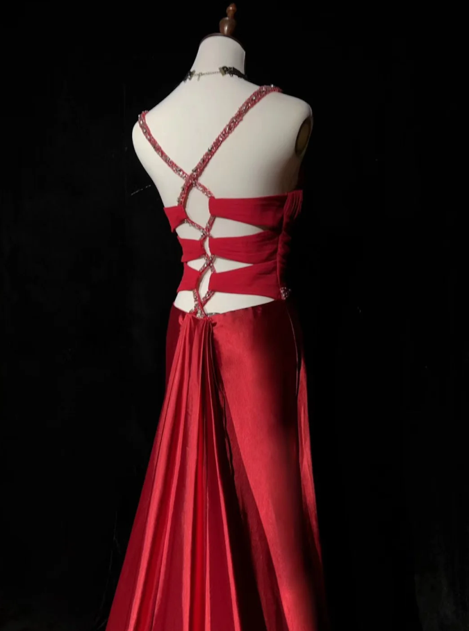 Charming Red Spaghetti Straps Satin Beaded Mermaid Long Wedding Guest Dress Formal Birthday Evening Gowns SP1797