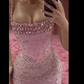 Charming Pink Mermaid Beaded Evening Gown Spaghetti Straps Slit Long Prom Party Dress Y7970