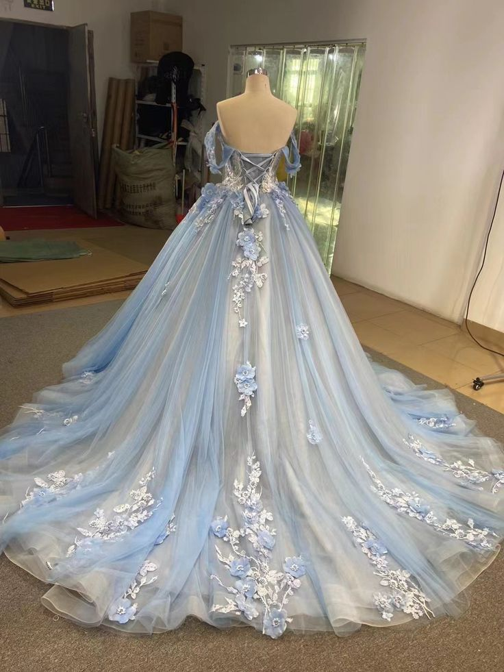 Blue Off The Shoulder Lace Tulle Ball Gown,Sweet 16 Dress Y6855