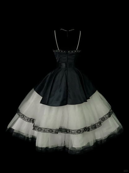 Stylish Spaghetti Straps Satin Tulle Beaded Short Prom Dress,Black Short Graduation Homecoming Dress SP4037
