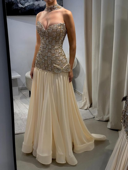 Gorgeous Strapless Chiffon Beaded Mermaid Long Party Dress Prom Gown SP1117