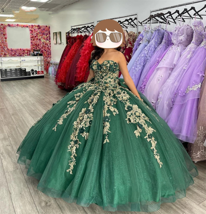 Green Swetheart Quinceanera Dresses Birthday Prom 3D Flowers Ball Gown Y4437