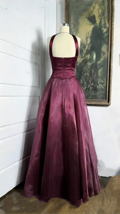Vintage Burgundy Satin Beaded A Line Long Party Dress Prom Dresses SP2113