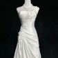 Pretty White One Shoulder Satin Pleated Appliques Mermaid Long Wedding Dress SP1284