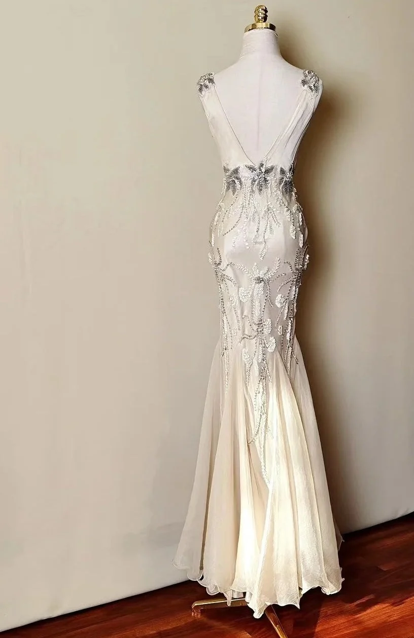 Elegant Light Champagne V-neck Beaded Mermaid Long Prom Dress Party Dress SP3837